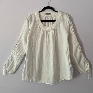 FLAX White 100% Linen Crewneck Long Sleeve Peasant Blouse Women's size P 4 / 6